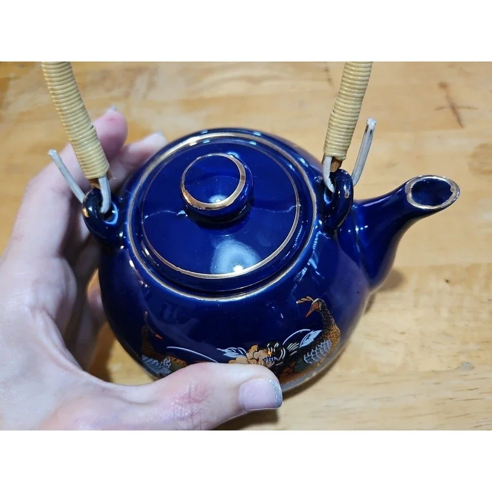 Vintage Japanese Cobalt Blue Tea Set With Gold Peacock Design - Teapot W/ 4 Cups
